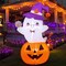 5 FT Halloween Inflatables Ghost Outdoor Decorations Blow up Yard Cute Ghost Sitting on Pumpkin Helding a Lollipop with Built-In Leds for Garden Lawn Indoor Party Decor